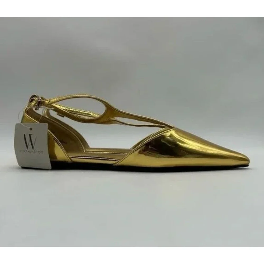Worthington Kendie Gold Metallic Flats Women’s Size 8 M Pointed Toe Ankle Strap